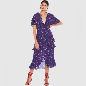 La Maison Talulah The Yearning Floral Ruffle Midi Dress in Deep Azure Blue M